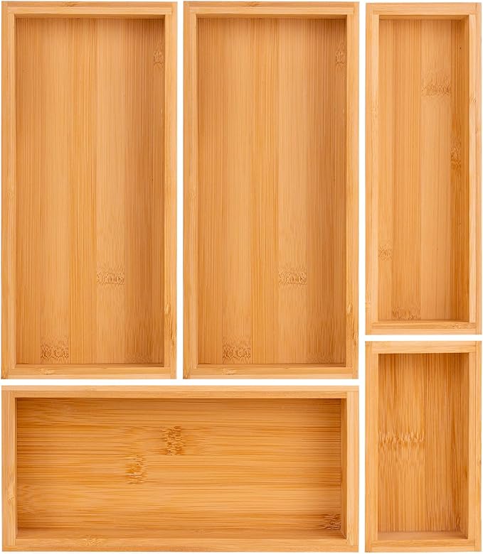 bamboo drawer organizer Set，expandable drawer dividers,wooden storage organizers,large trays for kitchen, bathroom,flatware,Tea Bag Organizer (1 X 5PCS Natural)