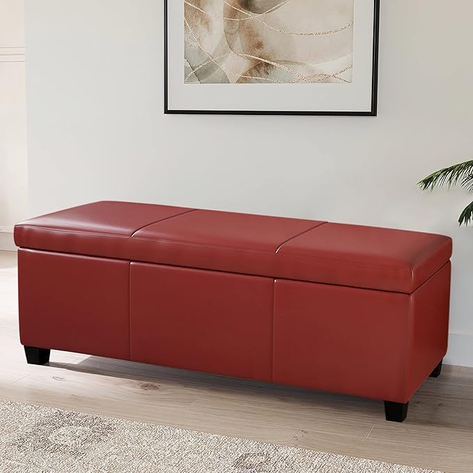 BELLEZE Storage Faux Leather Ottoman, 47 Inch Bench Bedroom Bench with Safety Close Hinge, Extra Long Ottoman with Storage for Living Room, Entryway, Hallway, Foot Rest, Support 300lbs - Red