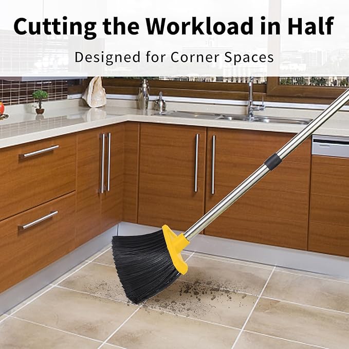 Broom with Dustpan Combo Set, Brooms and Dustpans Sets with 51'' Long Handle, Large Dust Pan and Broom, Self-Cleaning Dustpan Teeth for Lobby Kitchen Office - Black and Yellow