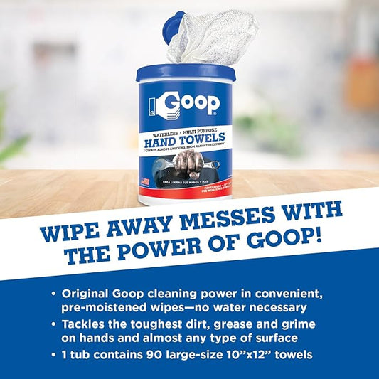 GOOP Multi-Purpose Waterless Hand Cleaner Towels - 90, 10" x 12" Towels (Pack of 2)