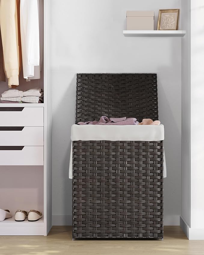 SONGMICS Laundry Hamper with Lid, 23.8 Gallon (90 L) Synthetic Rattan Clothes Laundry Basket with Lid and Handles, Foldable, Removable Liner, Chestnut Brown ULCB051K02