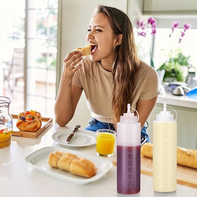 Condiment Squeeze Bottles Ketchup Dispenser, 6 Pack 32oz Squeeze Bottles for Liquids, Plastic Sauce Bottle with Cap Lid, Squirt Bottles for Sauces Liquids BBQ Dressing Pancake Art