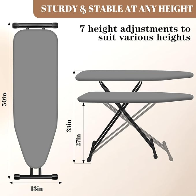 Ironing Board, Compact and Space Saver,Size 13 x 43, Metal Construction Ironing Boards with Extra Thick Heavy Duty Padded, Stable Structure,Skid Feet, Premium Iron Board,Grey