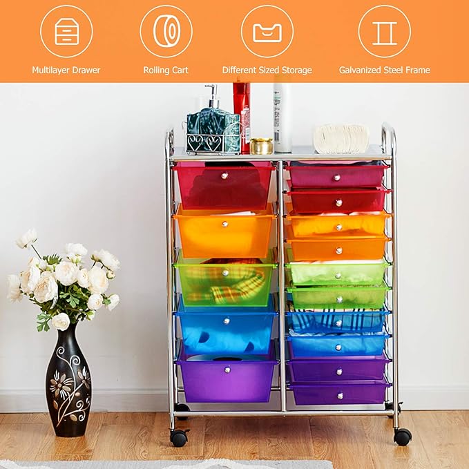 GOFLAME 15-Drawer Rolling Storage Cart, Multipurpose Movable Organizer Cart, Utility Cart for Home, Office, School, Rainbow