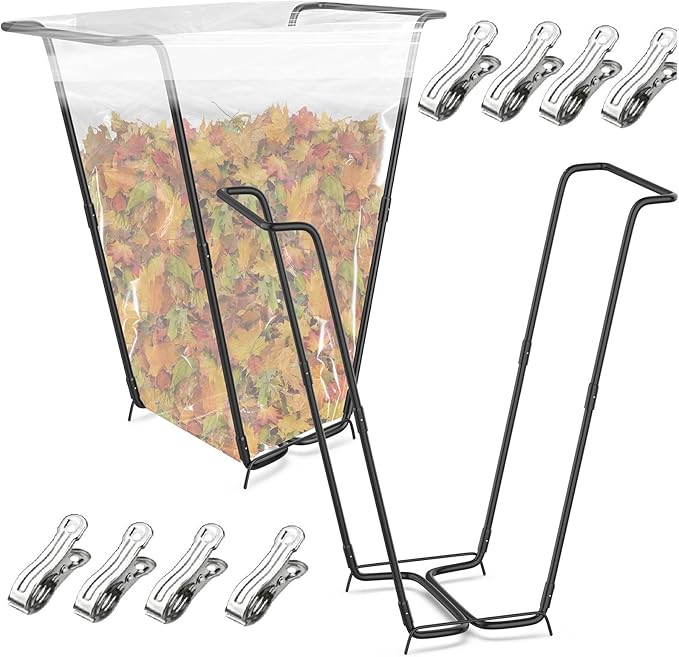 2PCS Outdoor Trash Bag Holder Metal Garden Trash Bag Holder for Yard Waste Stand Holds 30-45 Gallons Leaf Bag Holder with 4 Clips for Leaves Camping Lawn Party Weeding Yard Gardening（2pcs+8clips）