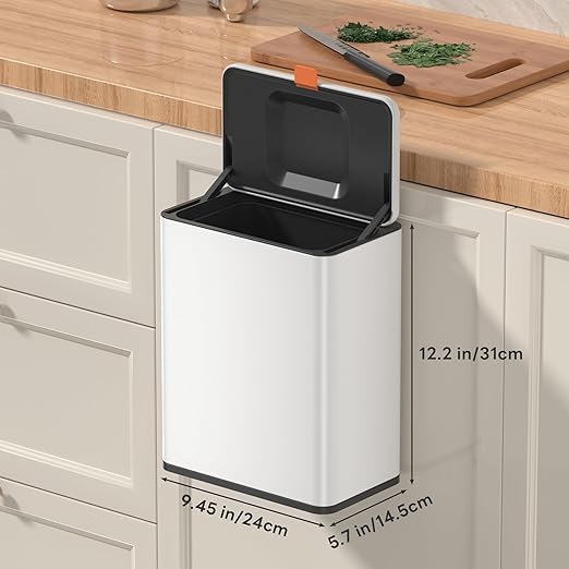 Mbillion Kitchen Compost Bin Hanging Trash Can with Lid 2.1 Gallon Stainless Steel Garbage Can for Kitchen Cabinet Door Mounted Trash Can Under Sink Door RV Bathroom,White