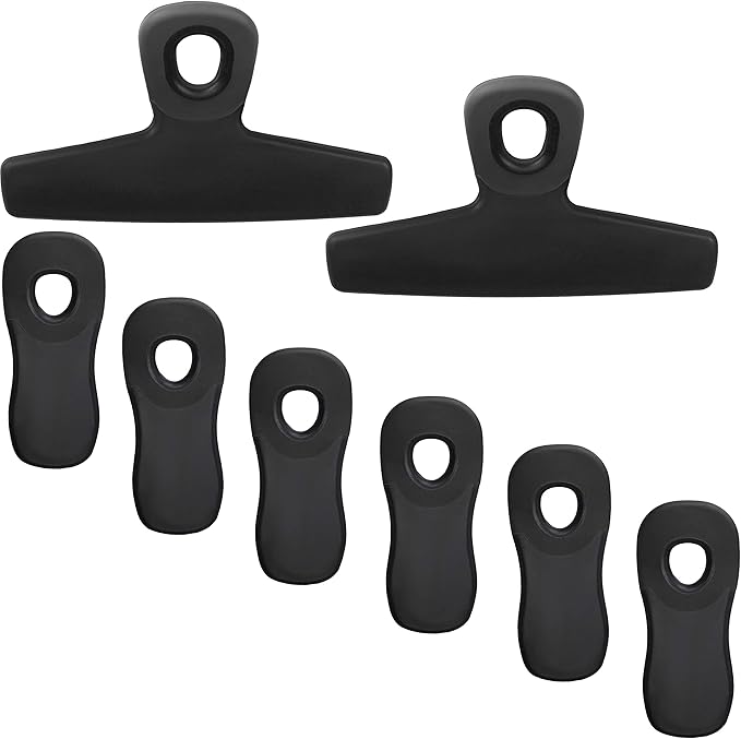 COOK WITH COLOR Bag Clips, Heavy Duty Chip Clip and Refrigerator Magnet Clips for Food Storage with Air Tight Seal Grip for Snack Bags and Food Bags (Black, Pack of 8)