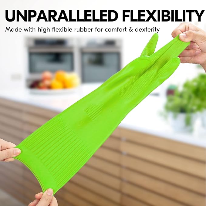 Vgo... 1-Pair Dishwashing Gloves, Reusable Household Gloves, Kitchen Gloves, Long Sleeve, Thick Latex, Cleaning, Washing, Working, Painting, Gardening, Pet Care (Size M,Green, RB2143)
