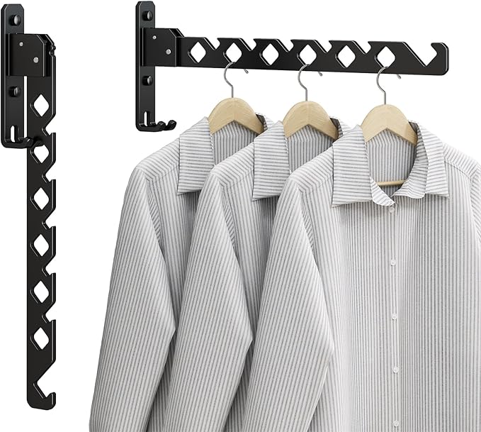 Wall Mounted Clothes Drying Rack, Wall Clothes Hanger Hook for Laundry Room Hanger Foldable, Wall Clothes Rack Indoor, Perfect for Small Spaces, Matte Black 2 Packs
