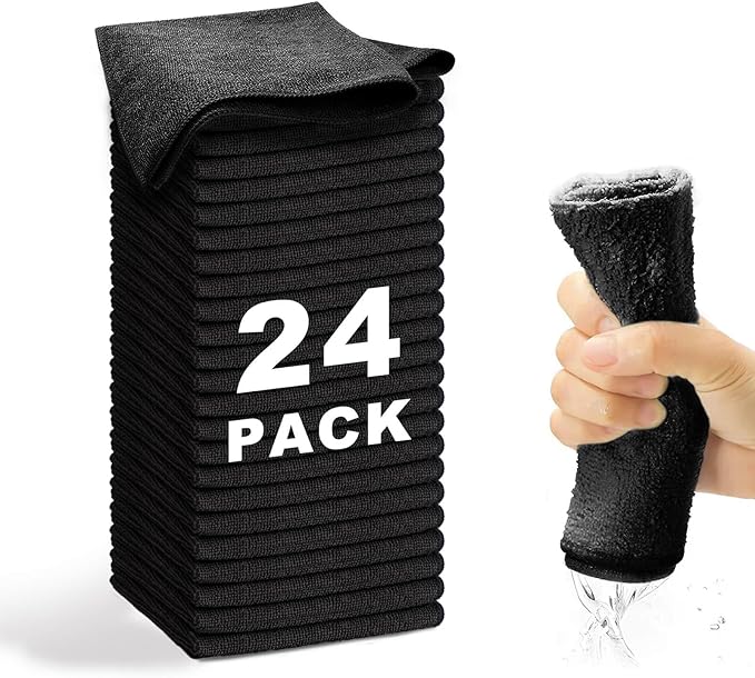 Microfiber Cleaning Cloth-24Pcs (13x13 inch) Ultra Soft Highly Absorbent Rags for Housekeeping-Machine Wash (Black)