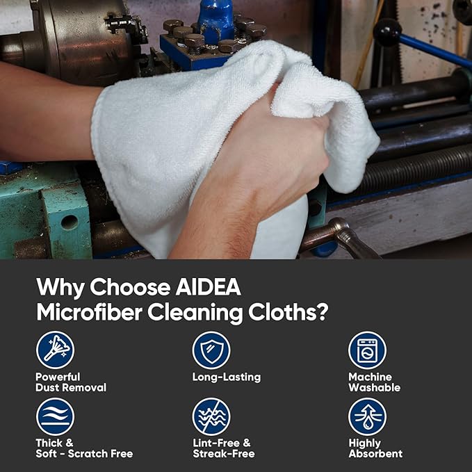 AIDEA Microfiber Cleaning Cloth White-100PK, Absorbent Cleaning Rags, Commercial Shop Rags Lint-Free, Scratch-Free, White Microfiber Towels for Cars, Kitchen Towels White 11.5 in.x 11.5 in.