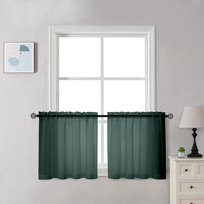 Chyhomenyc Sheer Hunter Green Kitchen Tier Curtains 24 Inch Length Set, Small Window Curtains Treatment for Bathroom/Living Room/Cafe/Basement, Short Voile Curtain Tiers 42in x 24in, Rod Pocket, 2 PCS