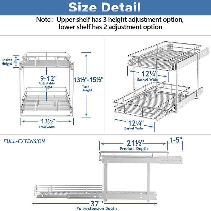 2 Tier Individual Pull Out Cabinet Organizer 13½" W x 21½" D, Heavy Duty Cabinet Pull Out Shelves, Slide Out Drawers Organization for Kitchen Cabinets Bathroom