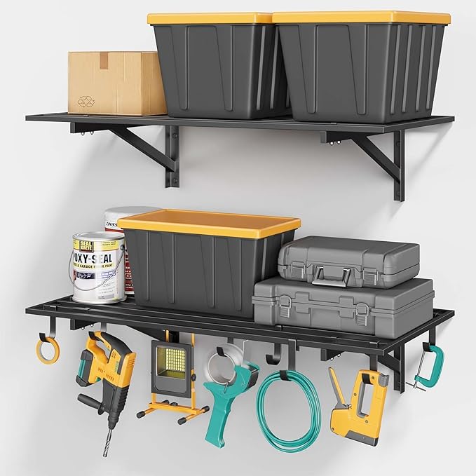 2-Pack 2x4ft Garage Shelving Wall Mounted, 2' x 4' Heavy Duty Garage Storage Shelves with Hooks, 400LB Capacity
