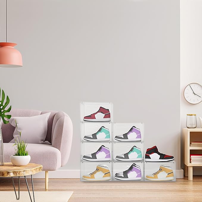 Large Shoe Boxes Clear Plastic Stackable, 8 Pack Drop Side Shoe Storage Organizer with Magnetic Door, Shoe Container Sneaker Storage Display Case Fit up to US Size 13 CLEAR