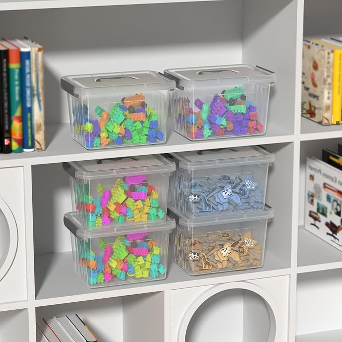 6 Quart Small Clear Plastic Storage Bins with Latching Lids, Storage Latch Box with Handle, 6 Packs