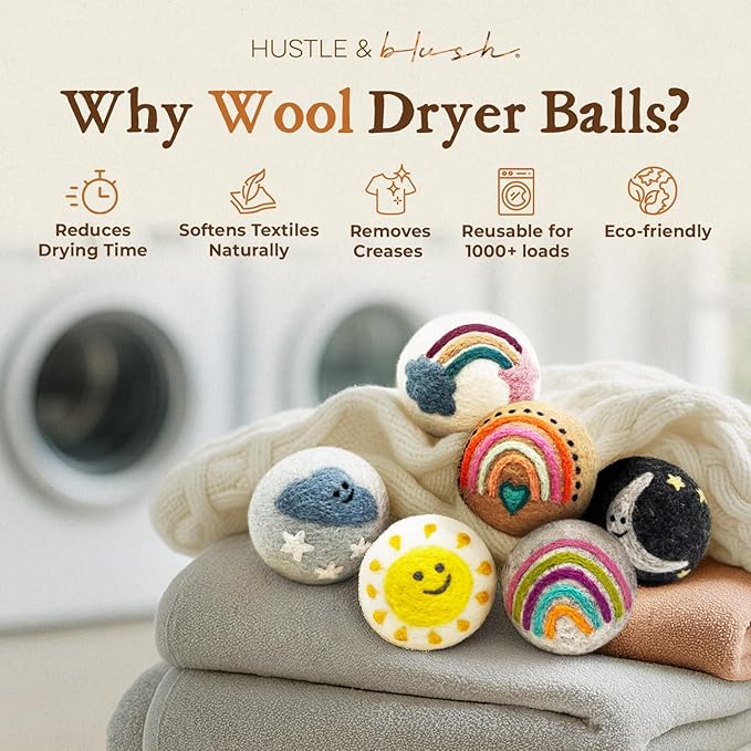 Fluff Ewes Wool Dryer Balls 6 Pack Premium New Zealand Wool Laundry Balls for Dryer, No Static Dryer Balls Laundry Reusable, XL Wool Dryer Balls Cute, Baby Dryer Balls for Dryers - Rainbow or Shine