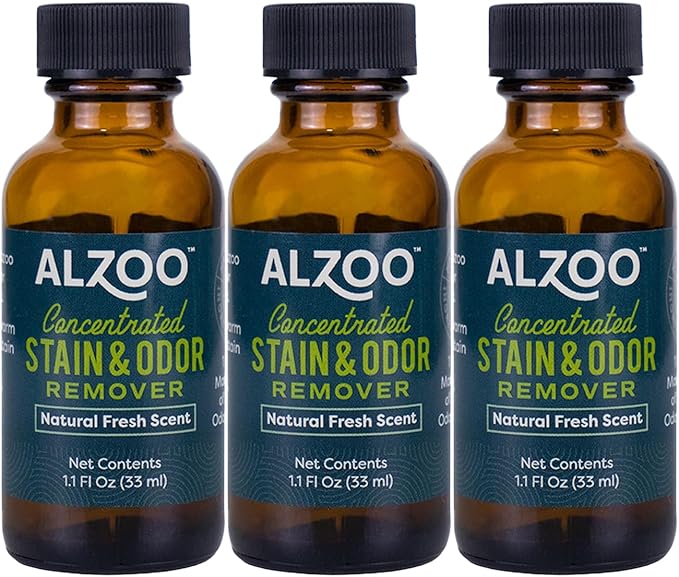 ALZOO Concentrated Stain & Odor Remover Refill Bottle, 100% Plant-Based Active Ingredients, 1.1 Fl. Oz, Pack of 3