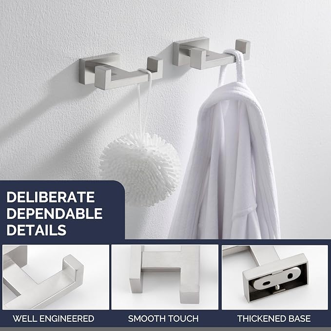 Angle Simple Bathroom Double Hook 2 PCS, SUS304 Stainless Steel Hand Towel Holder, Bath Towel Hanger, Modern Robe Hook for Wall, Brushed Nickel