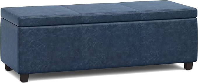 SIMPLIHOME Avalon 48 inch Wide Contemporary Rectangle Storage Ottoman Bench in Denim Blue Vegan Faux Leather, Assembled, For the Living Room, Entryway and Family Room
