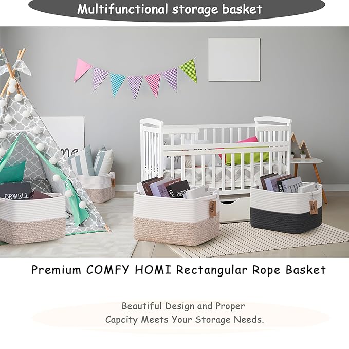 COMFY-HOMI 3-Pack Cotton Rope Woven Basket with Handles for Shelves, Books, Toys, Cloth Storage|Towel Storage|Nursery Baby Basket - 13.5" x 11" x 9.5" for Living Room (White/Brown)