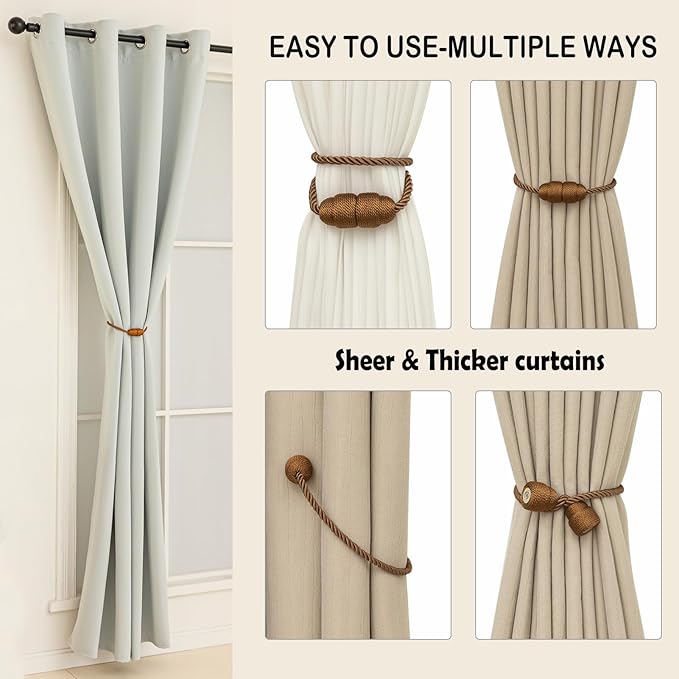 Magnetic Curtain Tiebacks Rope Curtain Tie Backs for Curtains 8 Pack Curtain Holders for Drapes Decorative Window Curtain Holdbacks, Khaki