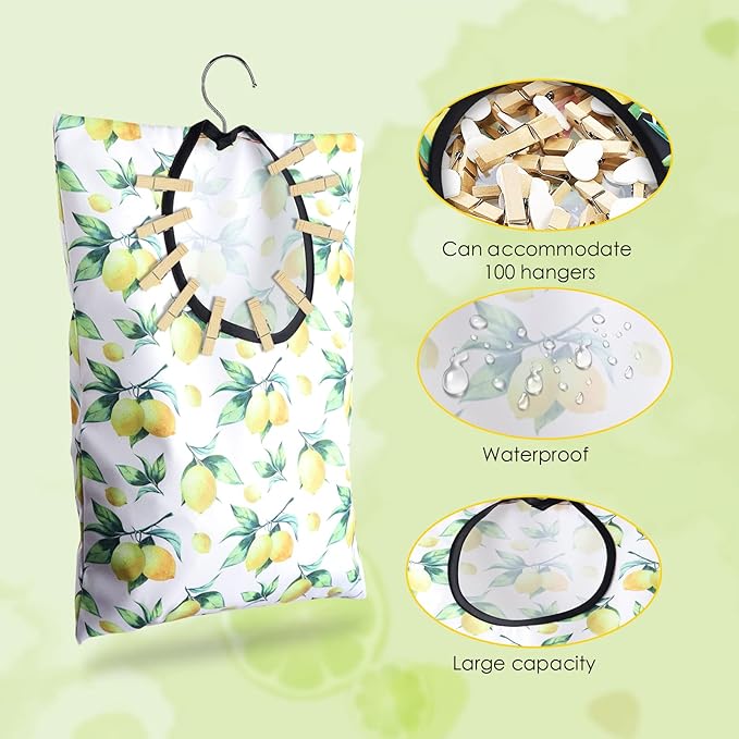 2 Pcs Lemon Clothespin Bag With Hanging Hook - 15 X 11 Inch Laundry Canvas Clothes Pin Holder, Waterproof Storage Organizer With Large Opening