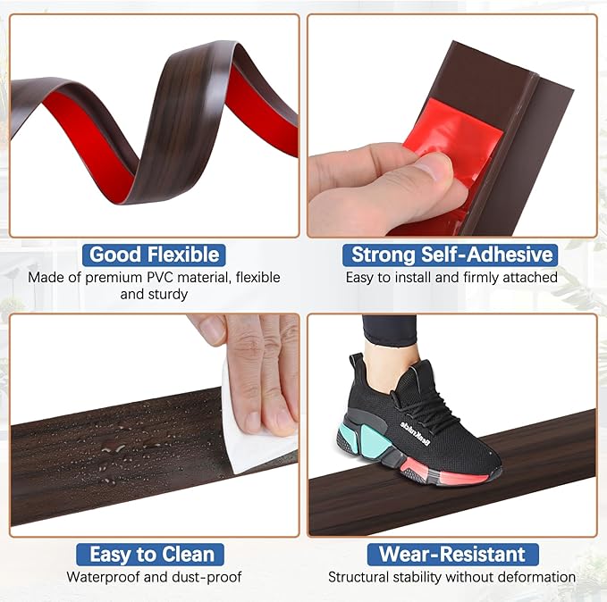Vinyl Door Threshold Flooring Transition Strip Self Adhesive Carpet Edging Strip for Laminate Doorway Edge Threshold from 2/5" to 3/5" (Brown Wood Grain, 10 Ft)
