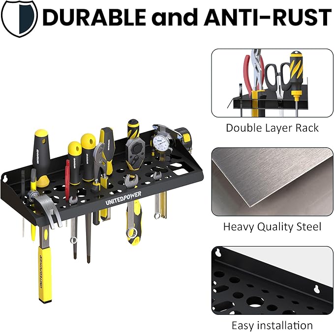 UNITEDPOWER Wall Mount Tool Storage Rack, Screwdriver Holder, Pliers Organizer, Wrench Utility Shelf, 51 Holes for Variety of Small Hand Tools, Workshop, Shed, Garage, Home