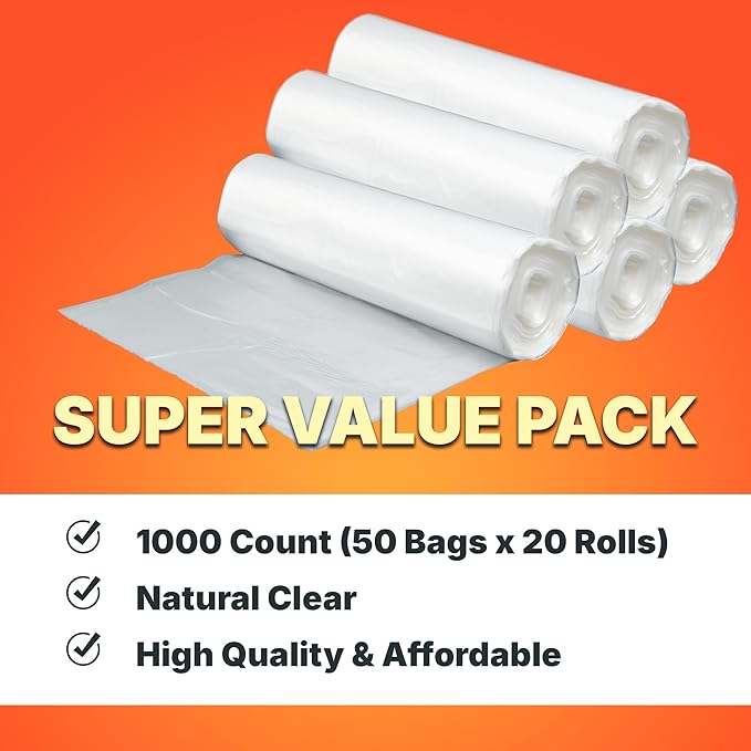 12-16 Gallon Trash Bags, 8 Micron High Density Garbage Can Liners Bulk, 24" x 33", Natural Clear, 1000 Count