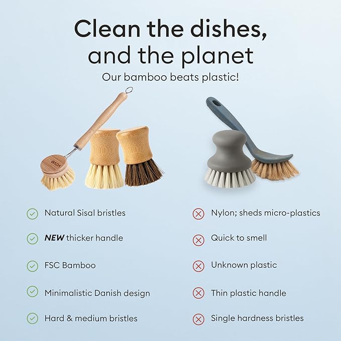 Vove Dish Brush Bundle - FSC-Certified Bamboo Dish Brush & Scrub Brush, 3 Replacement Heads - Natural Fiber Bristles - Non-Toxic, Plastic-Free Kitchen Set