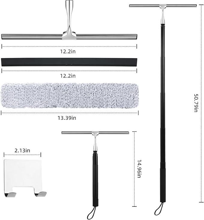 Window Squeegee for Home, 2 in 1 Window Washing kit with Extension Pole Long Handle Squeegee for Shower Glass Floor Tile Wall Car Windshield, 12 inch Wide, Black