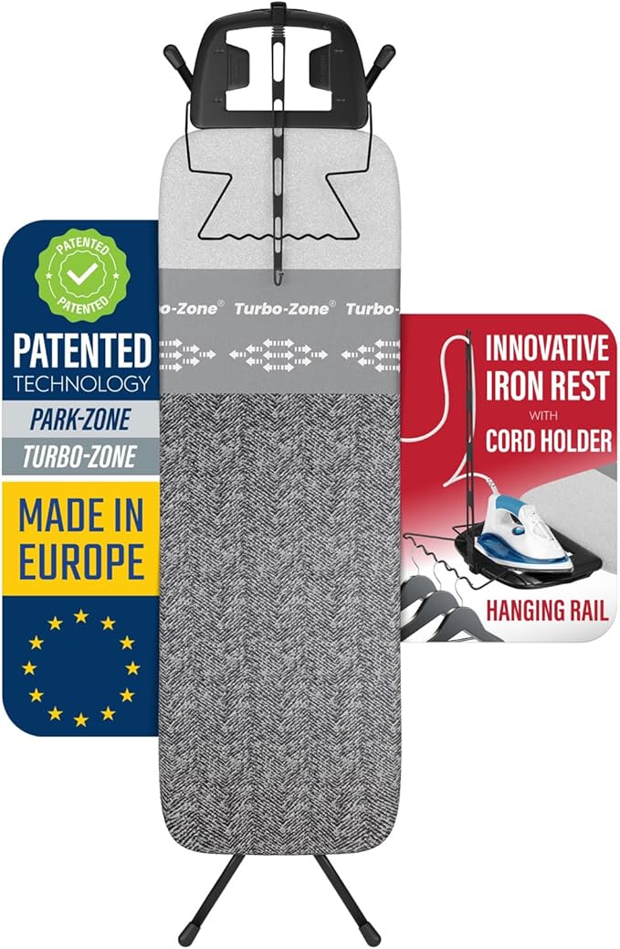 Bartnelli Heavy Duty Ironing Board 48x15 | Designed & Made in Europe with Patent Technology, Turbo & Park Zone