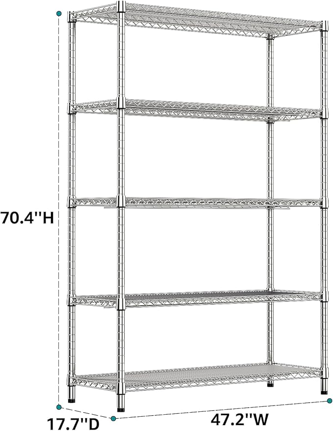 IZEUK 4250 LBS Garage Shelving Wide Storage Shelves 5 Tier Metal Shelves Heavy Duty Adjustable Utility Shelf Rack Chrome 17.7" D x 59.1" W x 70.4" H