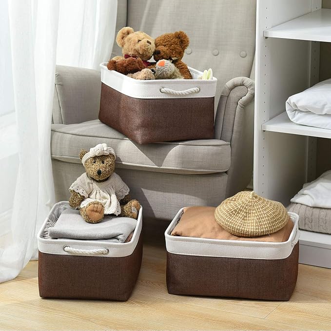Large Storage Baskets for Shelves, Fabric Baskets for Organizing, Collapsible Storage Bins for Closet, Nursery, Clothes, Home & Office [3-Pack, White&Brown]