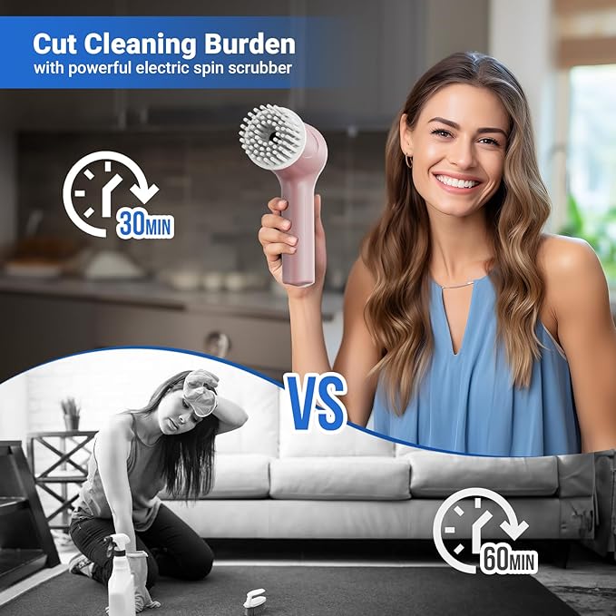 Electric Spin Scrubber, Cordless Shower Scrubber with Battery Level Display, 2 Speeds Electric Scrubber for Cleaning with 6 Replaceable Heads, Cleaning Brush for Bathroom/Sink/Window (Pink)