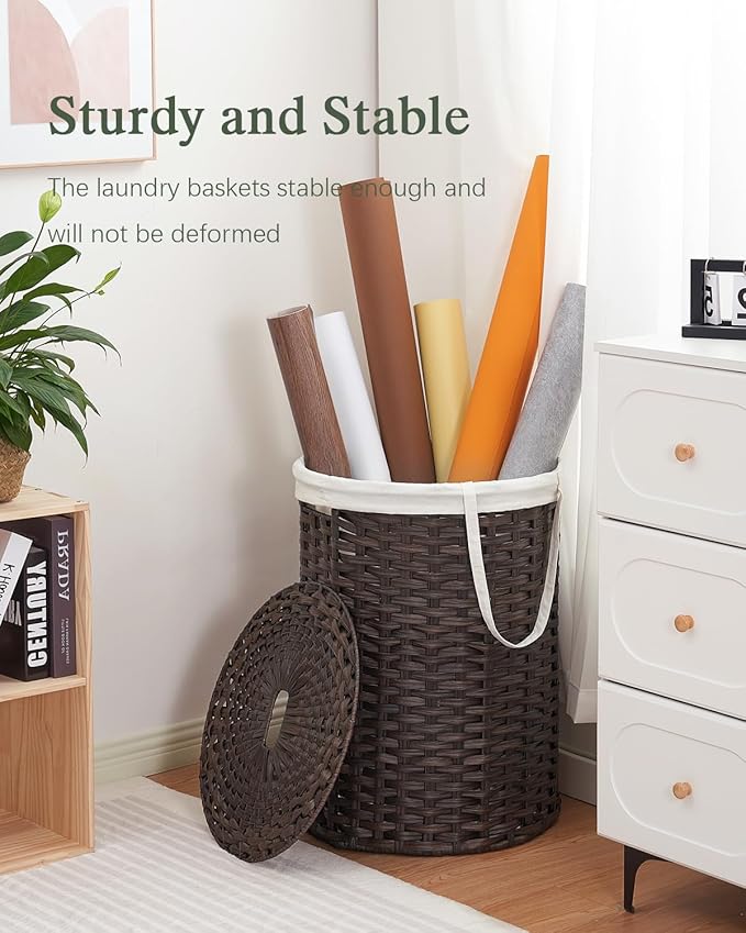 Laundry Basket with Lid Round Rattan Laundry Hamper with Lid and Handles 29.1 Gal (110 L) Handwoven Woven Basket with Removable Bags and 2 Mesh Bags for Bathroom Living Room Brown