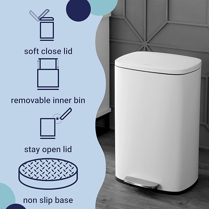 happimess HPM1006C Connor Rectangular Trash Can with Soft-Close Lid and Free Mini Trash Can, Modern Fingerprint Proof for Home, Kitchen, Office, Large:12.98 Gallon Small:1.3 Gallon, White