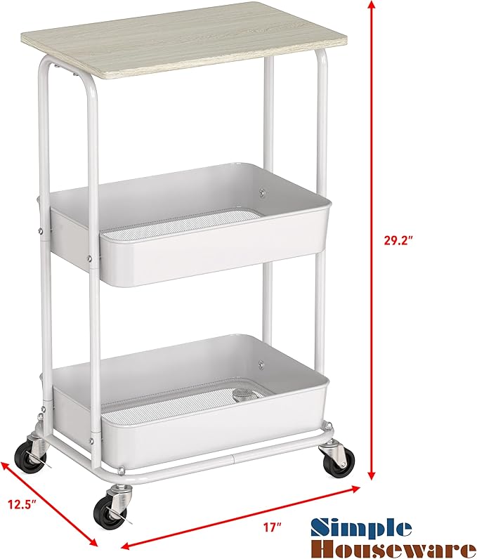 Simple Houseware 2-Tier Rolling Utility Cart with Lockable Wheels and Wood Top, Metal Storage Organizer Trolley for Kitchen, Bathroom, Office, Craft Room, Maple