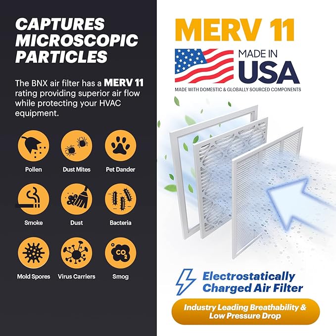 BNX TruFilter 20x22x1 Air Filter MERV 11 (6-Pack) - MADE IN USA - Allergen Defense Electrostatic Pleated Air Conditioner HVAC AC Furnace Filters for Allergies, Dust, Pet, Smoke, Allergy MPR 1200 FPR 7