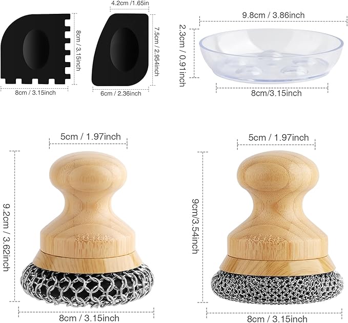 Cast Iron Scrubber and Scraper,Chain Mail Cleaner with Bamboo Handle & Draining Tray,316 Stainless Steel Brush for Cleaning Pots,Pans,Wok,Bakeware,Griddles, Grills(Large Chain Mail,2pcs)