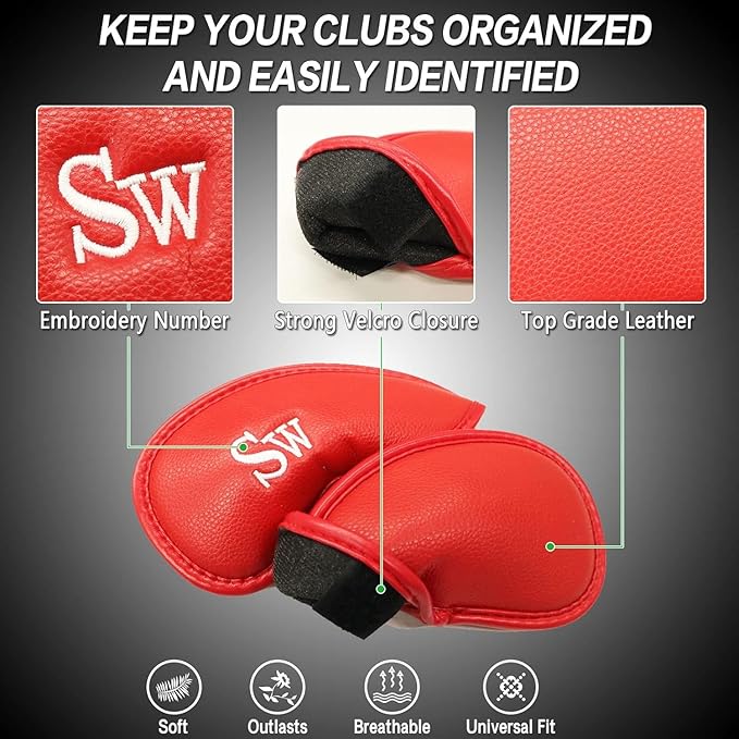 FINGER TEN Premium Synthetic Leather Stylish Iron & Wedge Golf Head Covers Value 12 Piece Set, Embroidered Labels & Fits Most Clubs Gift Set, Travel Protection Accessories