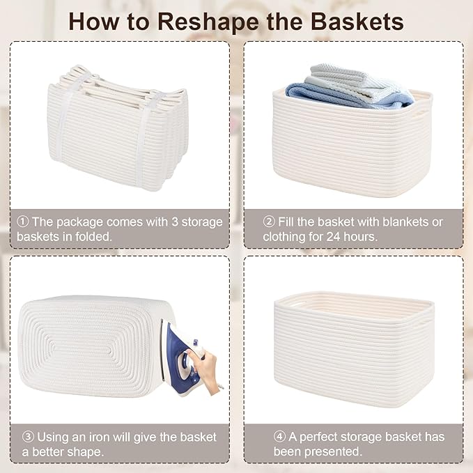 3-Pack Shelf Baskets for Organizing, Woven Storage Basket for Shelves, Cotton Rope Storage Bins for Toys Books, Nursery Towel Baskets for Classroom, 14.96"X9.8"X8.85", White