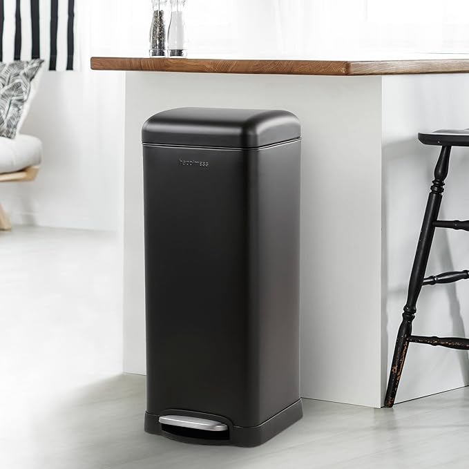 happimess HPM1007B Betty Retro 8-Gallon Step-Open Trash Can with Soft-Close Lid, Fingerprint Resistant, Modern, Minimalistic for Home, Kitchen, Laundry Room, Office, Bedroom, Bathroom, Black