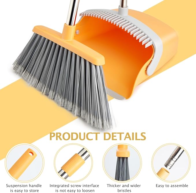 Broom and Dustpan Set, Dustpans with Broom Combo for Home, Heavy Dust Dustpan and Broom Combo, Long Handle Dust Pan and Broom Set for Kitchen, Office, Pet Hair(Gray Yellow)