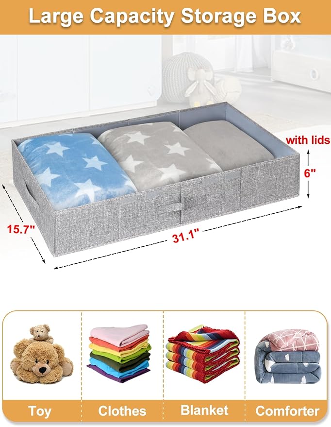 punemi Under Bed Storage With Lids, 2 Pack Large Underbed Storage Containers Clothes W/ 3 Handles, Foldable Low Profile Stackable Drawer Organizer Bins Box for Blanket Shoe Bedroom, 31.1*15.7*6inch