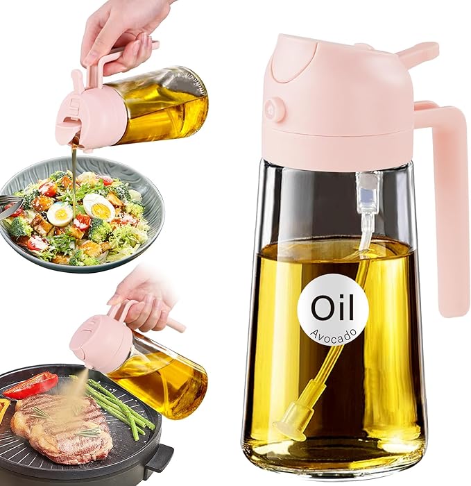 YARRAMATE 16oz/470ml Glass Olive Oil Sprayer for Cooking with Stickers, 2 in 1 Oil Dispenser for Kitchen Gadgets, Food Grade Premium Spray Bottle for Salad, Frying, BBQ (PeachPink)