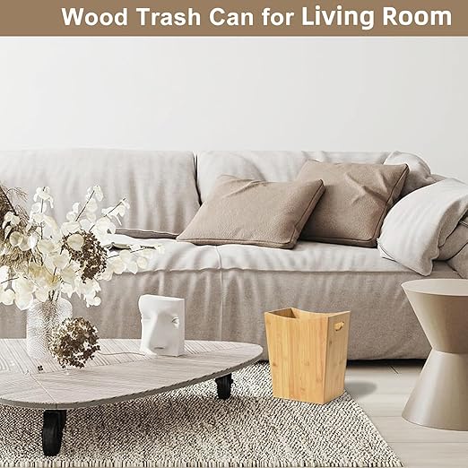 SEHERTIWY Wood Trash Can Wastebasket, 2 Gallon Small Waste Basket with 2 Handles, Rectangular Bathroom Garbage Can for Bathroom, Office, Living Room, Bedroom, Kitchen