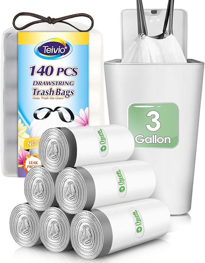 Teivio 3 Gallon 140 Counts Mini Strong Drawstring Trash Bags Garbage Bags, fit 10-12 Liter Small Trash Can,Tiny Waste Basket Liners for Home Office Bathroom Bedroom Car, White
