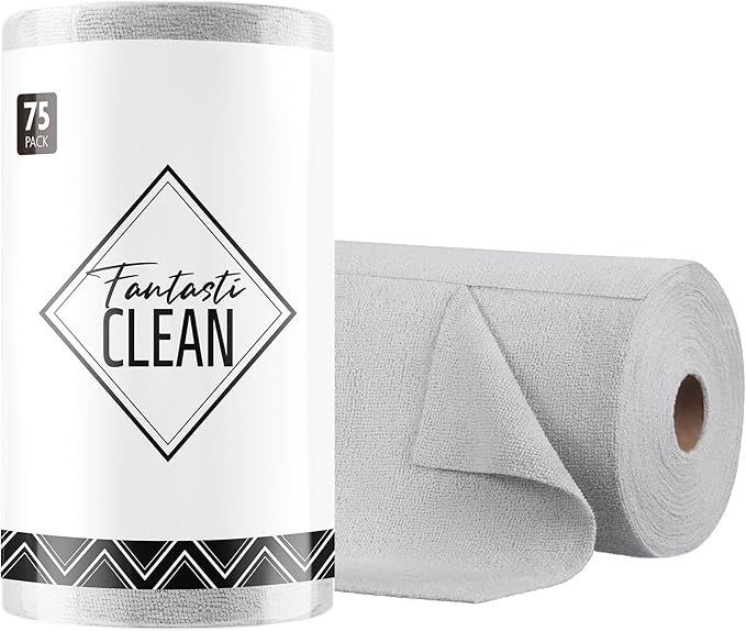 Fantasticlean Microfiber Cleaning Cloth Roll -75 Pack, Tear Away Microfiber Towels, 12" x 12", Reusable, Washable, Scratch Free, Ultra Absorbent Dish Rags for Car, Home, Garage or Shop (Grey)